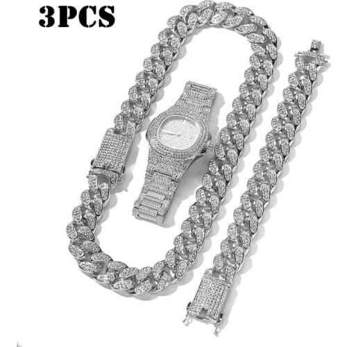Necklace+Watch+Bracelet Hip Hop Rapper Cuban Chain Gold Color Iced Out Paved Rhinestone Necklace for Men African Jewelry Set