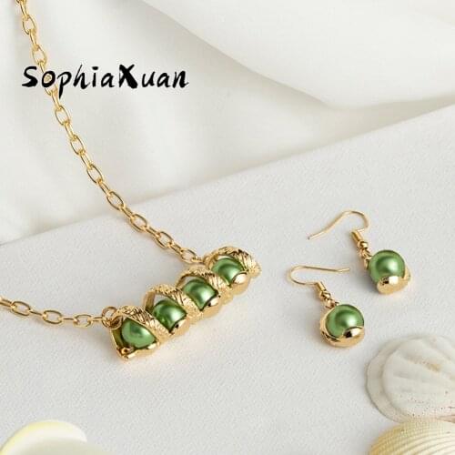 SophiaXuan Hawaiian Jewelry Set New Design Polynesian Gold Pink Pearl Chian Necklace Earrings Sets Wholesale for Women Girl 2021