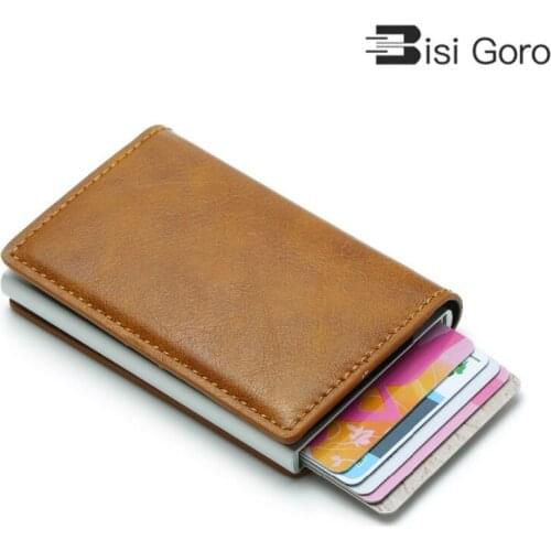 BISI GORO leather anti rfid business credit card case Automatic Pop-up aluminium porta tarjetas protection bank solid card purse