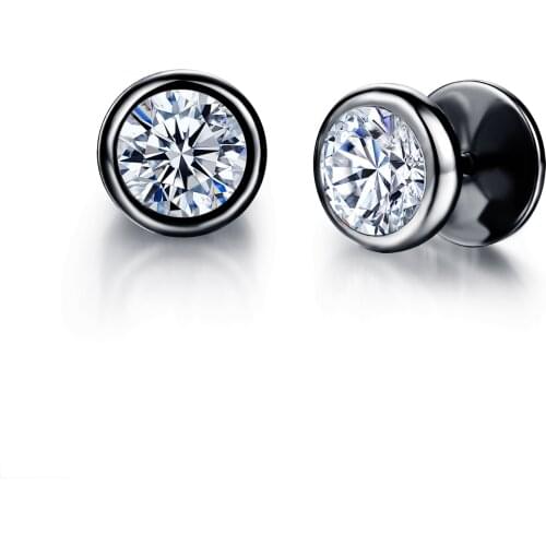 Cubic Zirconia Round Stud Earrings Classical Stainless Steel Rock Punk Style Jewelry For Unisex Women Men 2 Colors