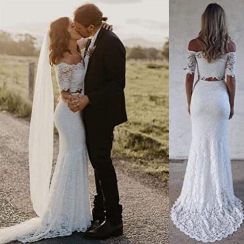 Beautiful Cheap China Long Simple White Two Piece Set Lace Wedding Dresses Bridal Gowns With Short Sleeves