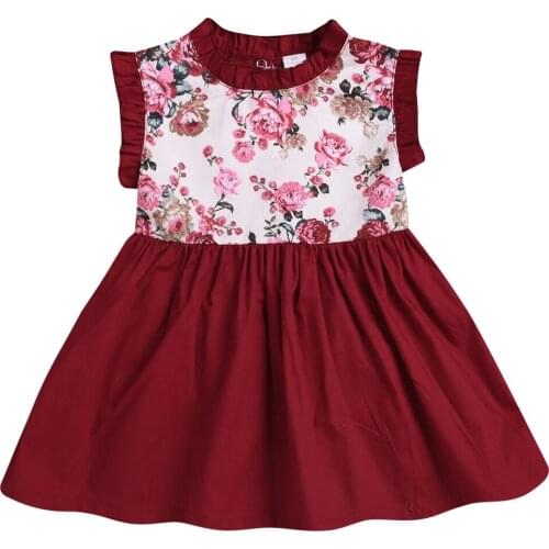 Girls Summer Short Sleeved Printed Floral Clothes Europe And The America Mosaic Sleeveless Red Dress Girls Flower Princess Dress