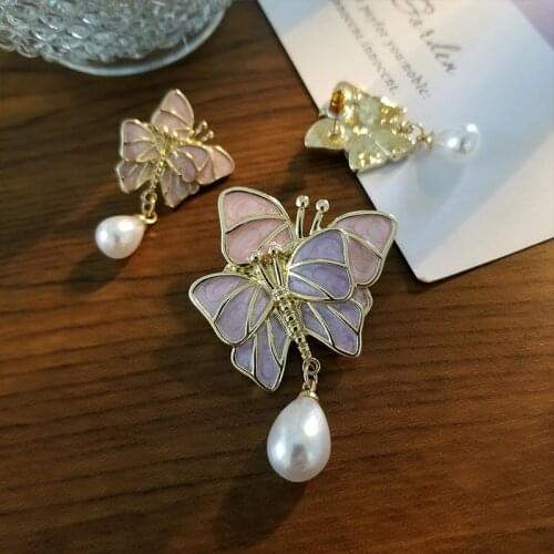 Fashion Retro Colorful Drip Glaze Metal Pink Butterfly Pearl Pendant Brooch For Women Badges Collar Accessories Wholesale New