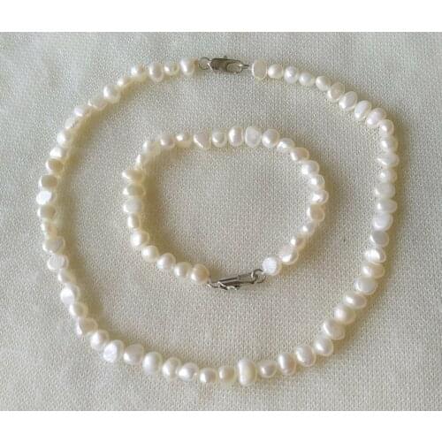 New natural Pearl set 6-7mm White pink Baroque Freshwater Pearl Necklace & Bracelet, 18 / 7.5 inches