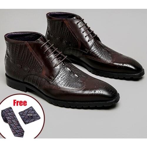 Phenkang Men Full Grain Cow leather Crocodile Texture Ankle Chelsea Boots Brogue Casual Ankle Flat Lace up Dress boots 2020