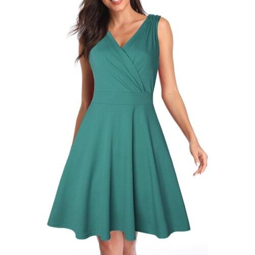 Elegant Women Dress Solid Color V Neck Summer Office Lady Loose Hem Plus Size Sleeveless Banquet Dresses Party