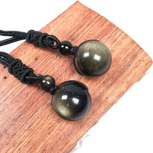14mm Golden Obsidian Pendant Beads Necklace Natural Stone Pendant Adjustable Fashion Charm Jewellery Carved Amulet Gifts Men Her
