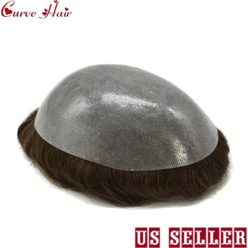 Full Poly Skin Mens Toupee Easy To Wear Hairpieces Mens Human Hair Replacement System All Poly Mens Wig Light Medium Density