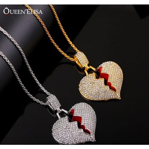 QUEEN ELISA Broken Heart Pendant Necklaces for Men Women Hip Hop Rhinestone Necklace Gold Punk Vintage Chain Necklace 2021 New