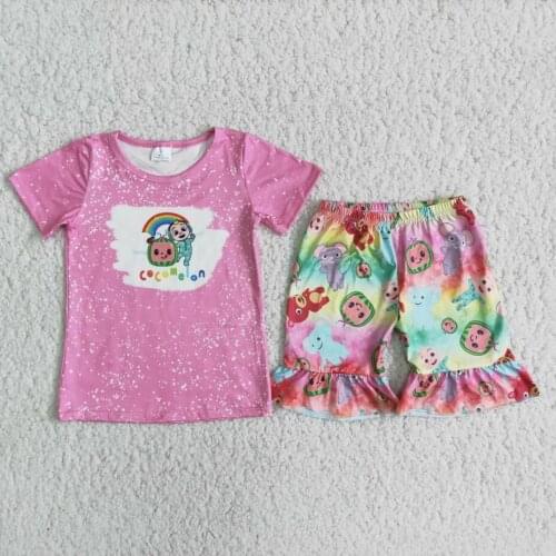 RTS Baby girls summer watermelon print short sleeve bleached tee shirt top ruffle shorts cartoon wholesale children outfits sets