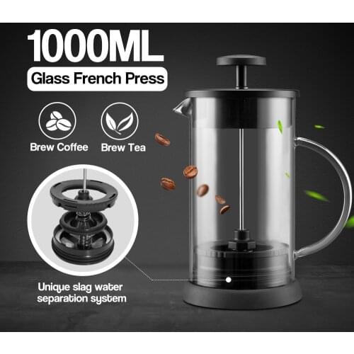 Stainless Steel Borosilicate French Press GlassCoffee Pot, Coffee Maker, Tea Pot 1000mL Brewer Precision slag water separation