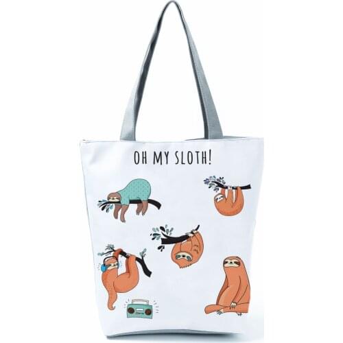 Sloth Printed Handbag Cartoon High Capacity Foldable Outdoor Beach Shoulder Bag Women Eco Reusable Shopping Bag Custom Pattern