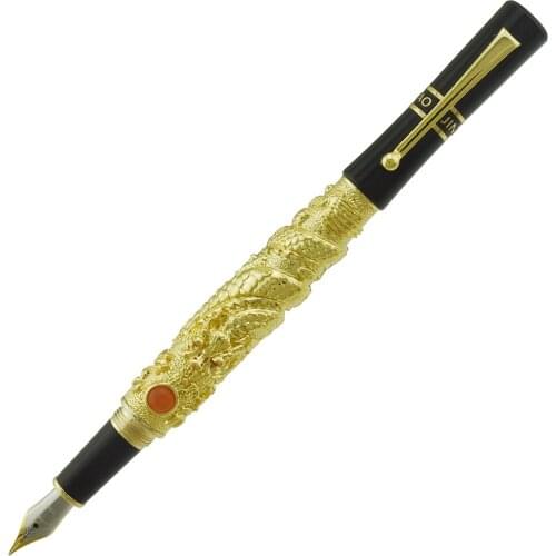 Jinhao Flying Dragon Vintage Fountain Pen, Metal Embossing Iridium Fine Nib, Noble Golden Color Business Office School Supplies