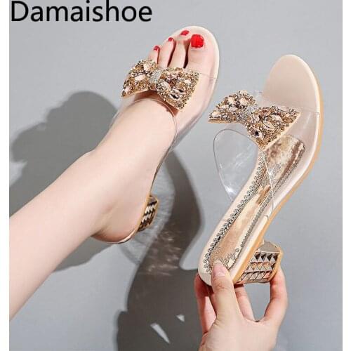 Women Slippers Net Celebrity Summer Outdoor All-Matching Medium Chunky Heel Sexy Transparent Rhinestone Bow Middle Heels Slipper
