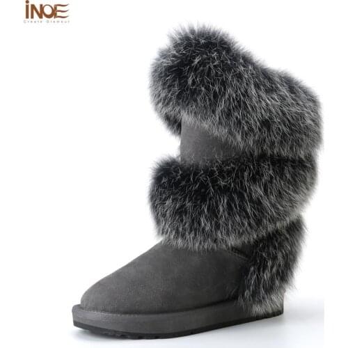 New style fashion real fox fur women high winter snow boots sheepskin suede leather sheep fur lined winter shoes black grey
