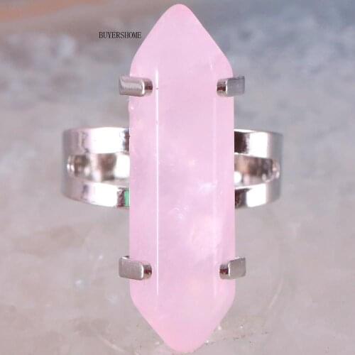 Handmade Jewelry For Women Gift Natural Stone Hexagonal Bead Pink Crystal Finger Ring Adjustable 1Pcs Z059