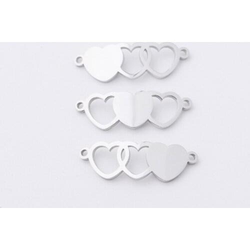 100% Stainless Steel Three Heart Charms Blank For Engrave 2 Hole Metal Three Heart Connector Mirror Polished Wholesale 20pcs