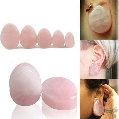 2pcs Teardrop Ear Piercing Rose Color Quartz Natural Stone Ear Gauge Plugs Ombligo Expander Ear Stretcher Piercing Jewelry Oreja