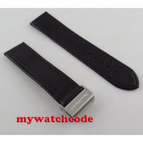 24mm black leather deployant style clasp Genuine Leather black Watch Strap