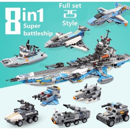 872 PCS 8in1 Space Battleship Military Police Model Guns Building Blocks DIY Spacecraft Assemblage Bricks Toys Gift For Children