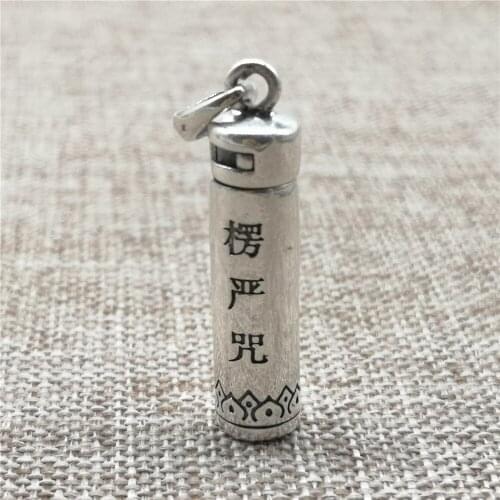 925 Sterling Silver Cylinder Locket Pendant w/ Chinese Buddhism Characters Prayer Wish Memory Box for Necklace