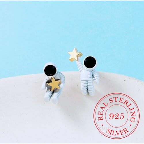 925 Sterling Silver Piercing Asymmetric Star Astronaut Stud Earrings for Women Girls Party Gift Femme Jewelry pendientes eh1424
