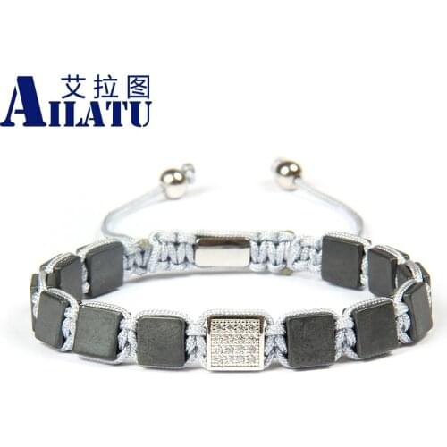Ailatu Wholesale 10pcs/lot 8x8mm Matte Hematite Stone FlatBead Geometric Square Braided Stainless steel Bracelet Nice Gift