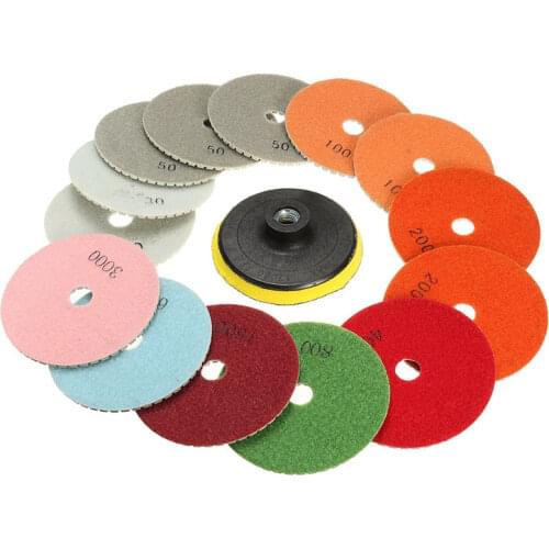 15Pcs/Set 4 Inch 30-6000 Grit Diamond Polishing Pads With Backer Pad REP Sticks Stone Wet Dry Granite Concrete Marble Tools