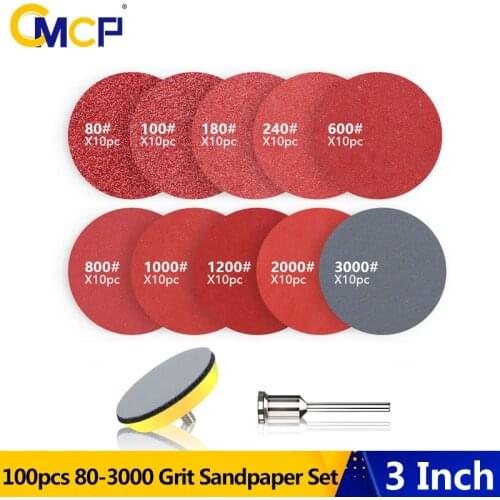 CMCP 100pcs 3inch Sanding Disc + Loop Sanding Pad + 1/8" Shank Abrasives Hook Loop Backer Sandpaper Set 80-3000 Each Grit 10pcs