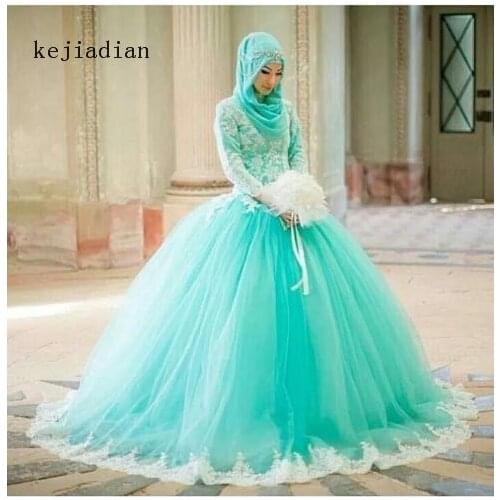 Elegant Muslim Lace Long Sleeve Wedding Dresses Mint Green Bridal Ball Gowns Wedding Gown vestido de noiva