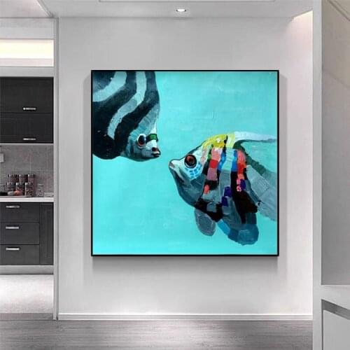 Handmade Cartoon Animal fishes kissing Oil Painting Popular Modern Canvas for Kids Room Home Decoration Dropshipping No Frame