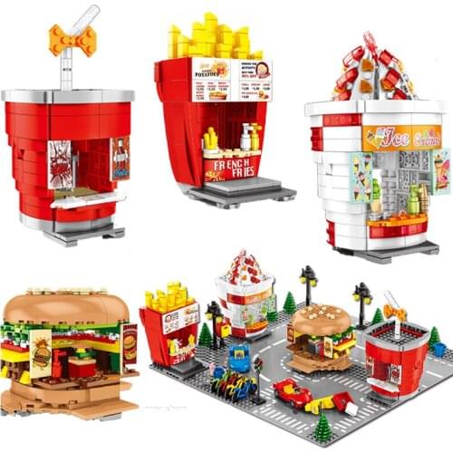 Hamburger Ice cream Food Store Model Building Blocks Creative Architecture City Street View Educational Children Toys For Kids