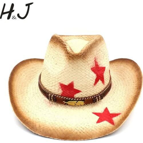 Women Men Straw Western Cowboy Hat With Punk Leaves Band Star Lady Dad Sombrero Hombre Cowgirl Jazz Caps Size 58CM