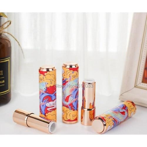 Round Koi Pattern Lipstick Tube Refillable Pressed Plastic Empty Lip Balm Tube Cosmetic Lip Rouge Container DIY Makeup Tool
