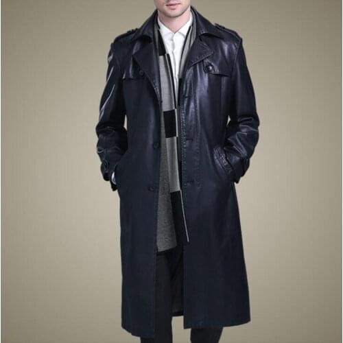 Spring autumn motorcycle leather jacket men long trench coat Korean stand collar black mens leather jackets and coats biker B398