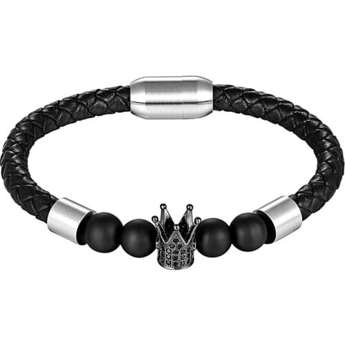 LIVVY Hot Fashion Luxury Cube Charm Crown Bracelet Mens Stone Beads Stainless Steel Leather Charm Bracelet Mens Jewelry Gifts