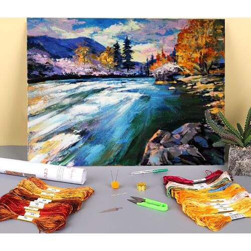 Landscape River Printed Fabric 11CT Cross-Stitch Kit DIY Embroidery DMC Threads Sewing Craft Handiwork work Design Magic