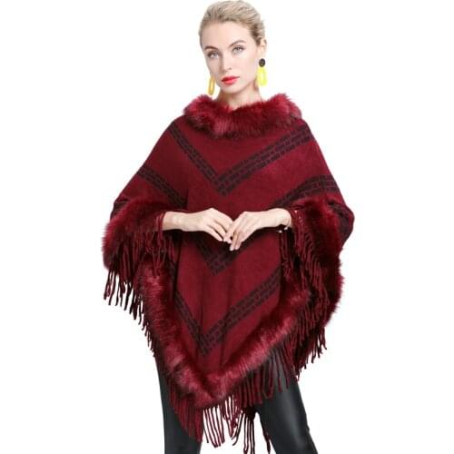 Faux Fox Fur Winter Capes Women Fashion Tassel Poncho Cloak 2020 New Stripe Female Fashion Cloak Ponchos Winter Warm Coats