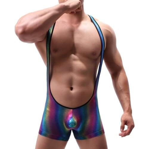 Sexy Men Jumpsuits Bling Rainbow Slim Fitness Bodysuits Body Stocking Wresting Singlet Undershirts Shapper Gay Exotic Clubwear