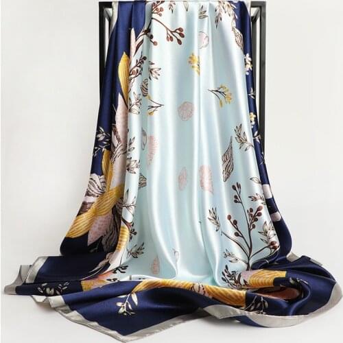 90*90cm Square Silk Scarf Women Fashion Designer Beautiful flowers Foulard Soft Satin Shawl Kerchief Scarfs Neck Headscarf