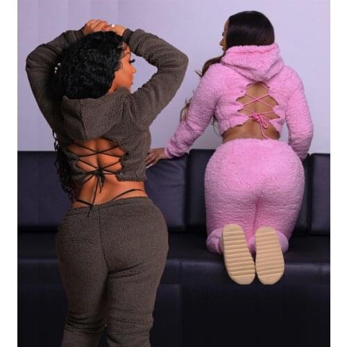 Fluffy Two Piece Set Solid Color 2 Piece Set Woman Hooded Long Sleeve Back Lace Up And High Waist Pencil Pants Warm Tracksuit