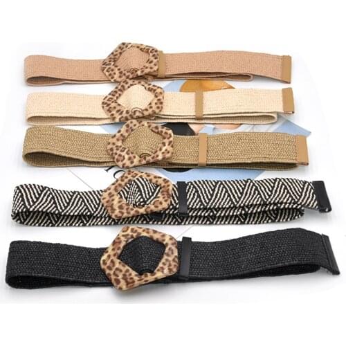 Vintage Wide Belt Fashion Bohemian Buckle Wild Braided Belt Summer Women Leopard Buckle Linen Weave Round Square Belt