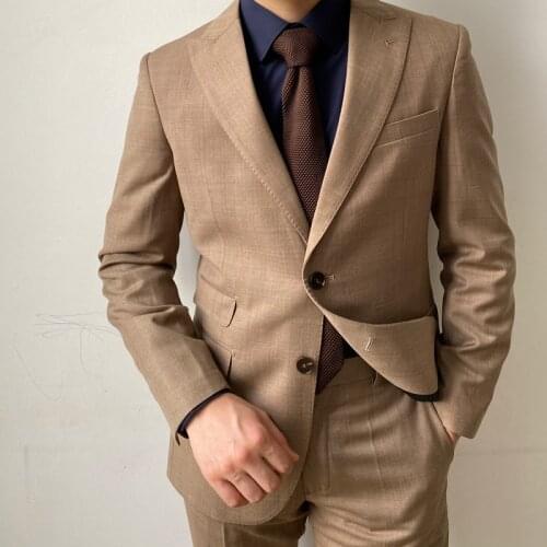 RICODESIGN mens slim fit business fashion coffe brown suit set two pieces peak lapel hand made tailored