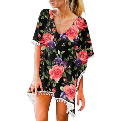 Chiffon Tassels Beach Dress Women Swim Suit Bathing Suit Cover Up Tunic Sarongs Blouses Flower Print Swimwear Female Pareo Tops