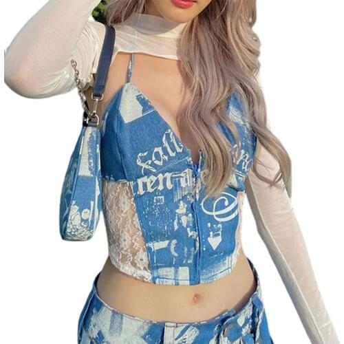 Women Crisscross Lace-up Camisole, Sexy Sleeveless Halter Neck Zip Up Lace Patchwork Crop Cami Tops