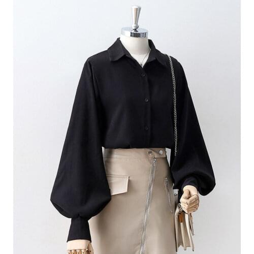 Lantern Sleeves Vintage Shirts Women Elegant Womens Blouse with Lush Sleeves 2021 Fashion Button Up Shirt Long Sleeve Blouse