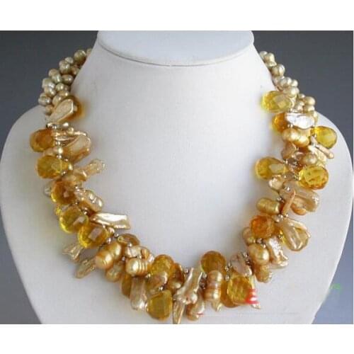 Pearl Necklace,Handwork 3Rows Faceted Crystal Gold Rice Freshwater Pearl Necklace,Perfect Women Chirstmas Gift Jewellery