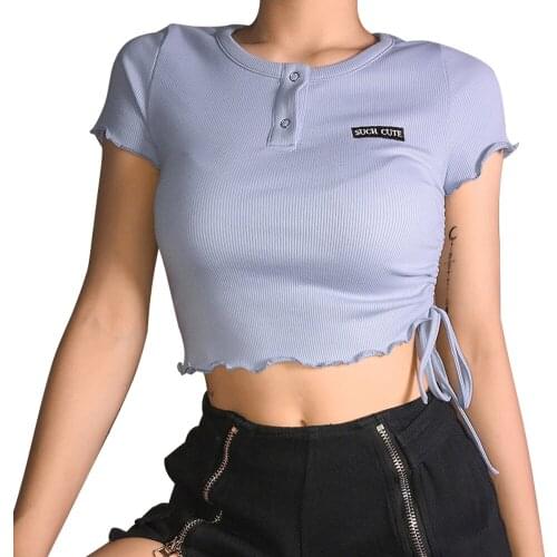 Women Purple Short Sleeve T-shirt Summer Wear Crop Tops Clubwear Lace-up Button T-shirt Bodycon Elastic Letter Printed Outwear