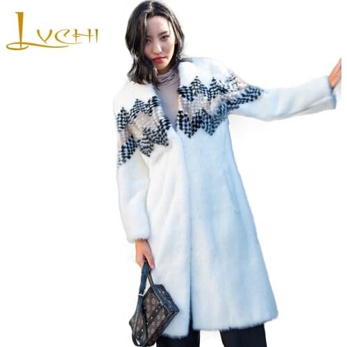 LVCHI Winter 2019 Import White Print Mink Coat Womens O-Neck Real Fur Coat Full Sleeve Full Pelt Causal Loss Long Mink Coats