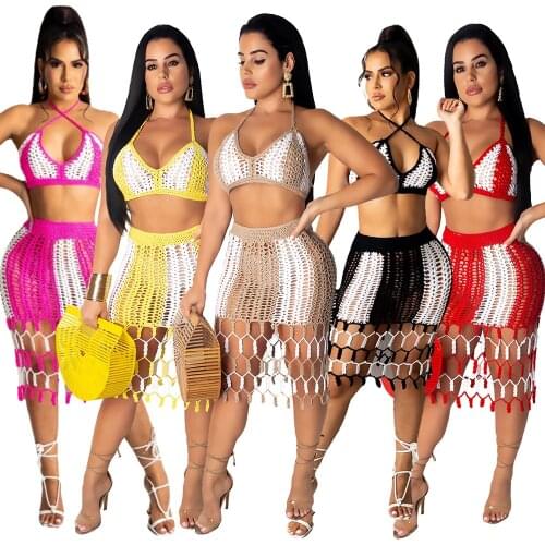 Sexy Color Patchwork Hollow Out Tassel Knitted Two Piece Set Dress Halter Lace Up Bra Fishnet Mini Skirt Beach Style Swimsuits